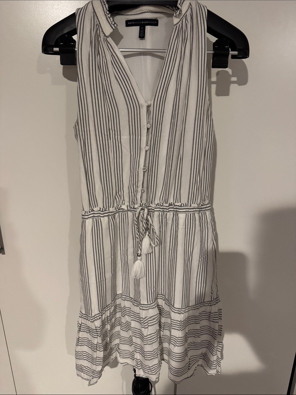 White House Black Market White & Black Striped Sleeveless Tie-Waist Dress
